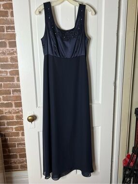 Navy Beaded Scoop Neck Prom Dress